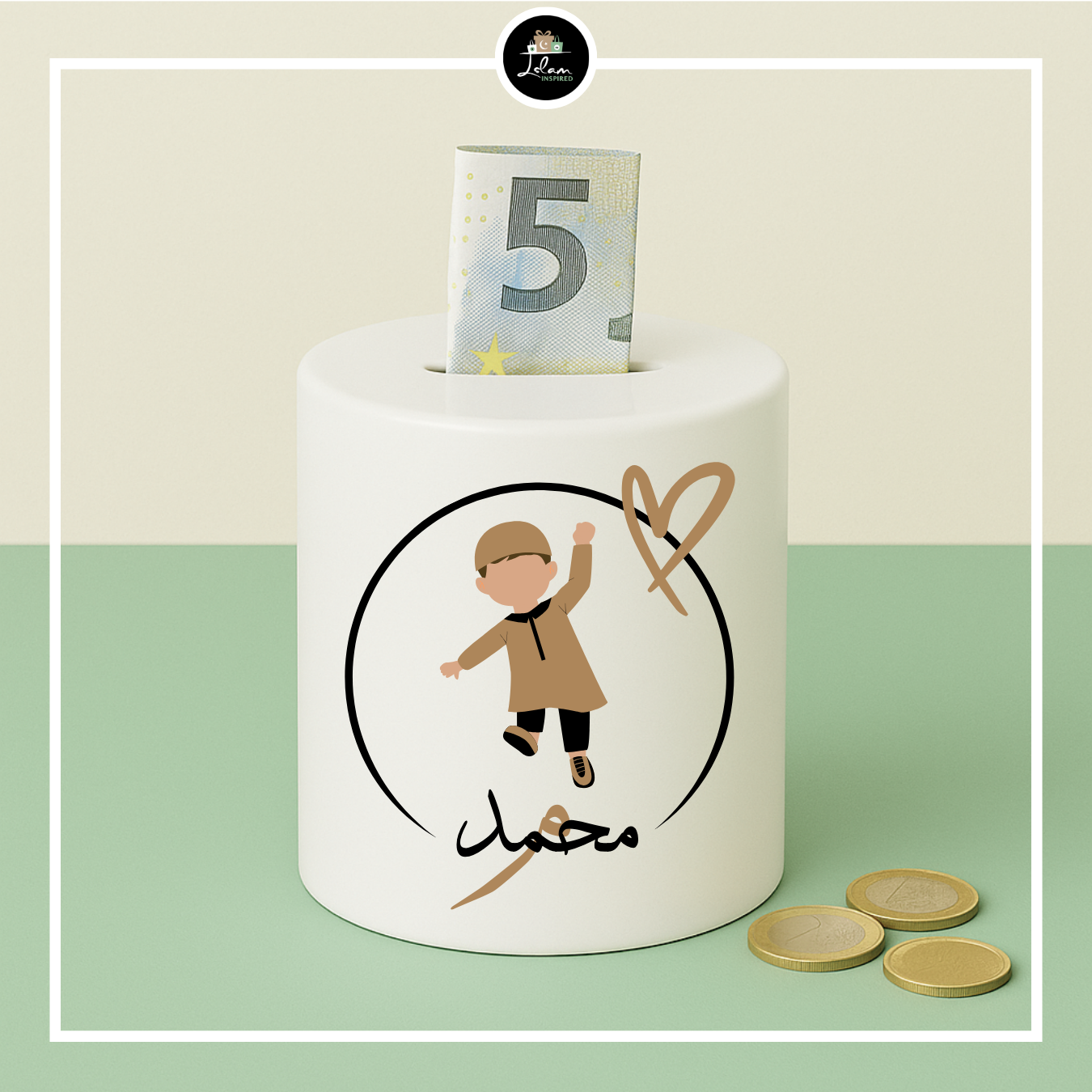 Gepersonaliseerde spaarpot voor een kleine moslim