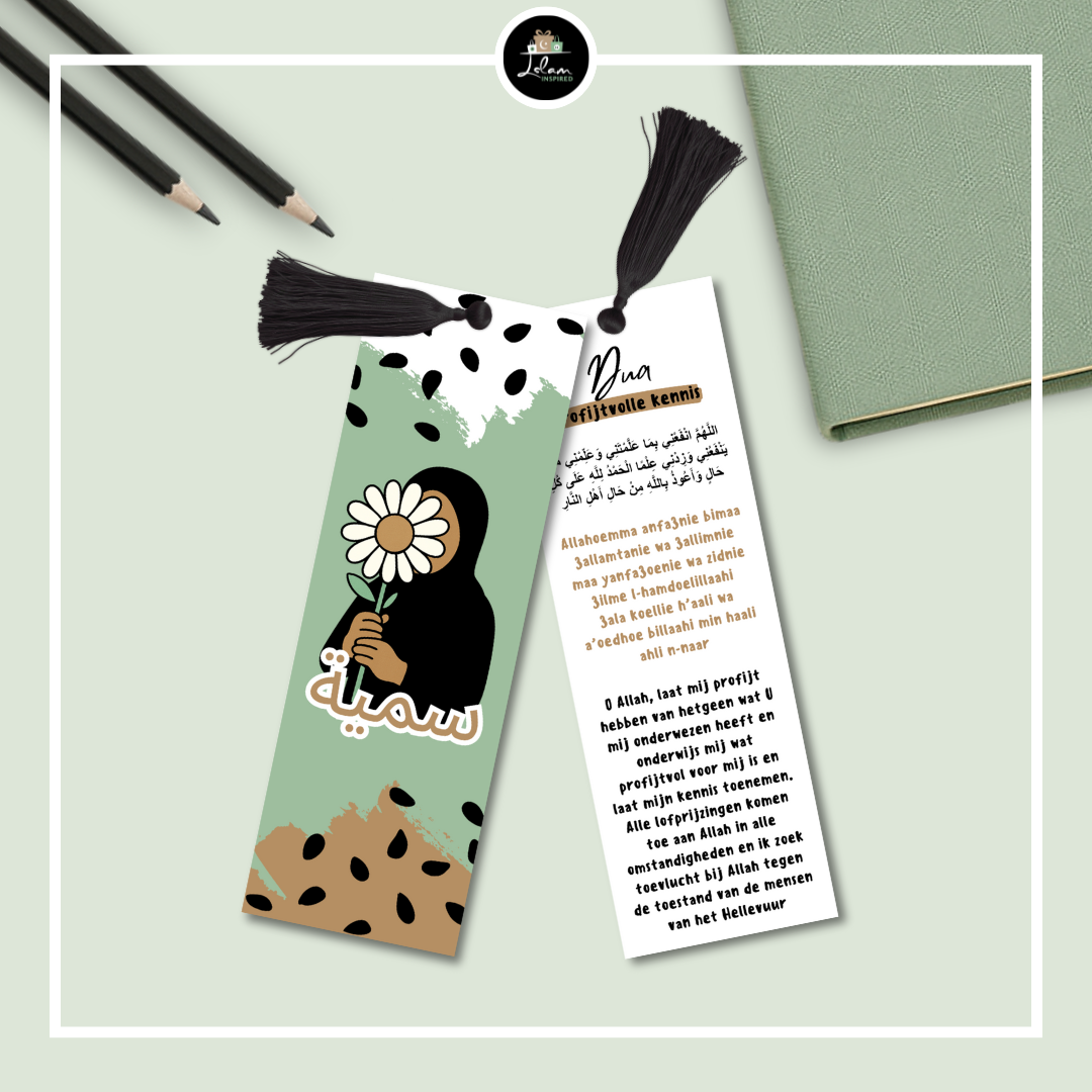 Dubbelzijdige en gepersonaliseerde boekenlegger voor een jonge moslima