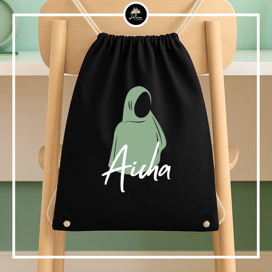 Gepersonaliseerde trekkoord tas met hijab illustratie
