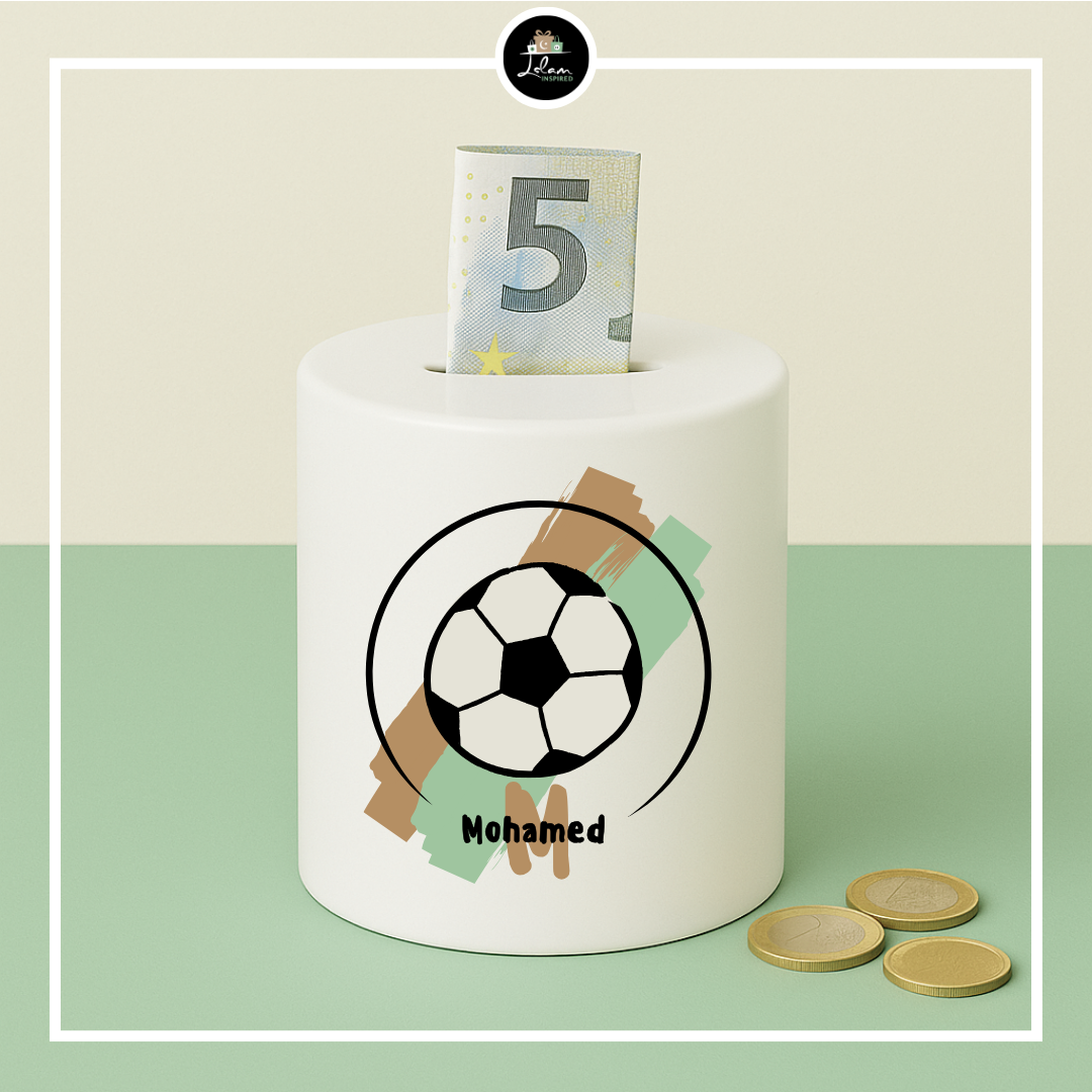 Gepersonaliseerde spaarpot in voetbal thema
