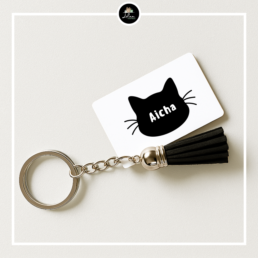 Gepersonaliseerde sleutelhanger met kat illustratie