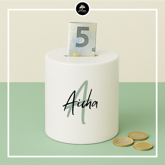 Personalized money box with name and initial - elegant