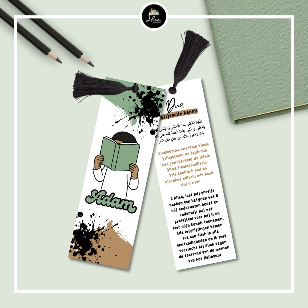 Dubbelzijdige en gepersonaliseerde boekenlegger voor een jonge moslim