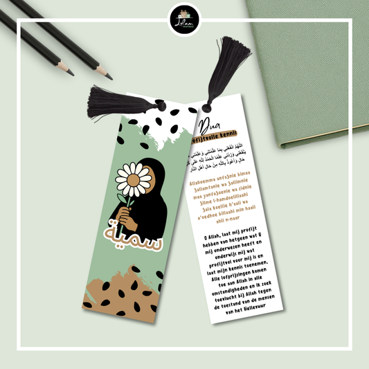 Dubbelzijdige en gepersonaliseerde boekenlegger voor een jonge moslima