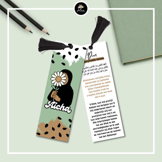 Dubbelzijdige en gepersonaliseerde boekenlegger voor een jonge moslima
