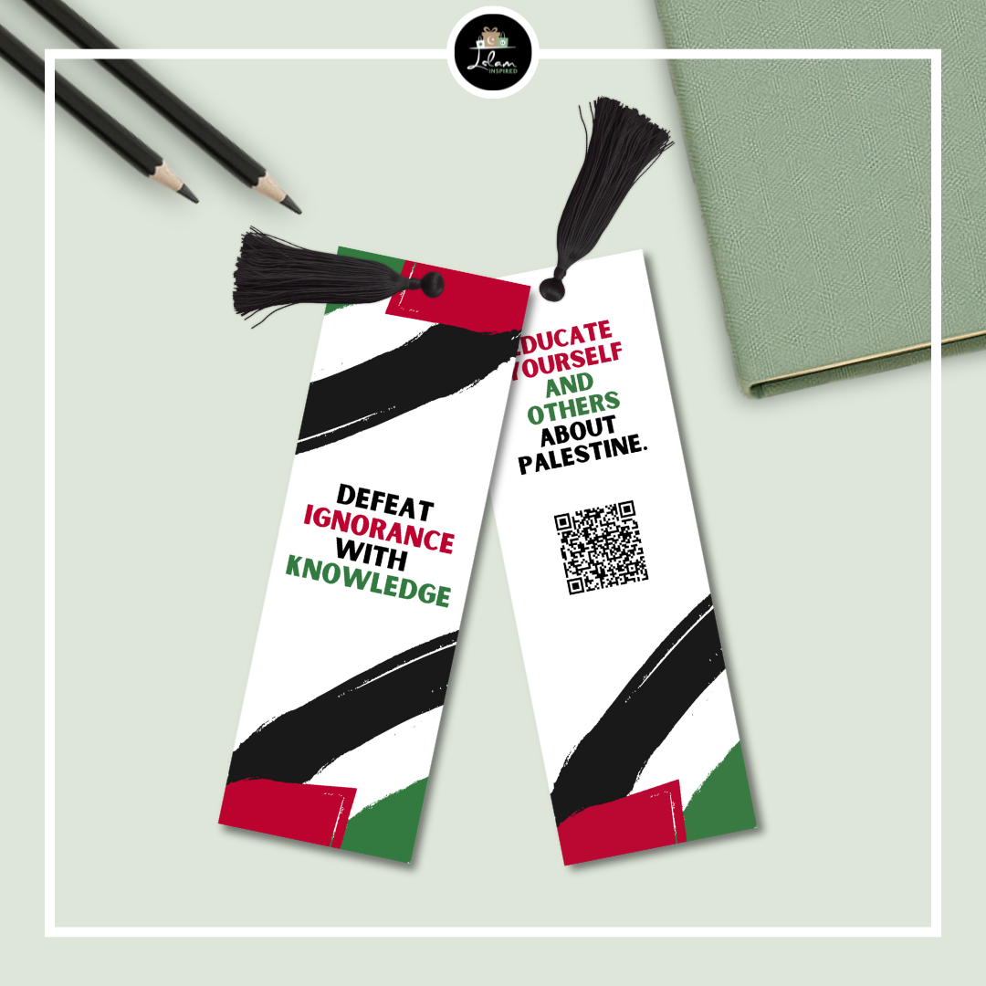 Double-sided Palestine bookmark 'Defeat ignorance with knowledge'