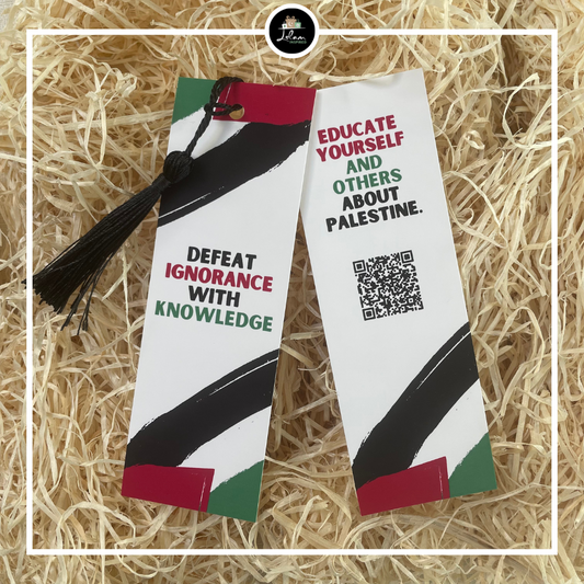 Double-sided Palestine bookmark 'Defeat ignorance with knowledge'