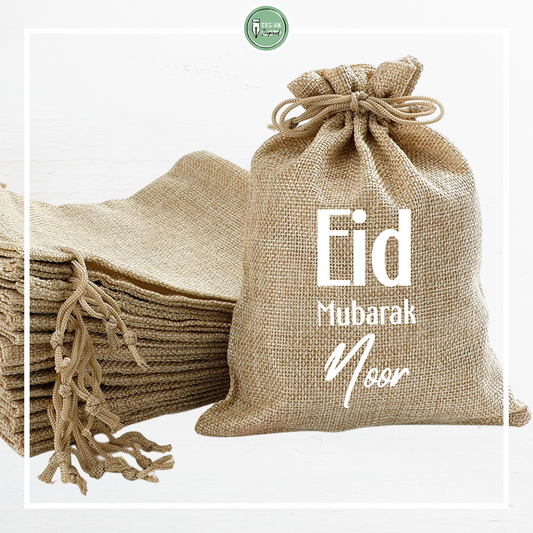 Gepersonaliseerd Eid Mubarak jute snoepzakje