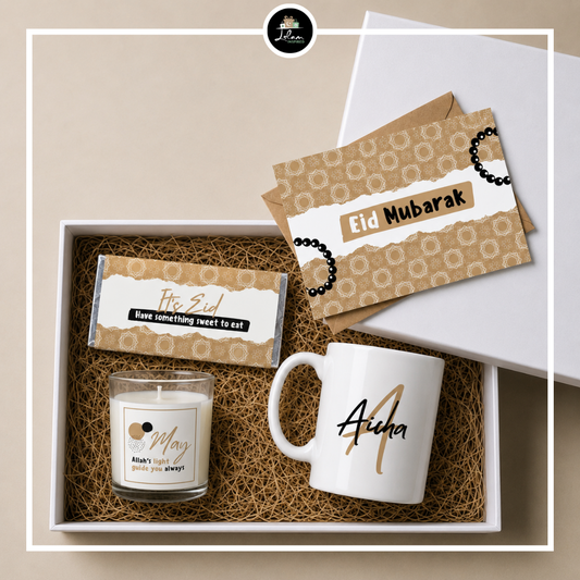 Eid Mubarak giftbag of giftbox met mok, chocolade, wenskaart en geurkaars