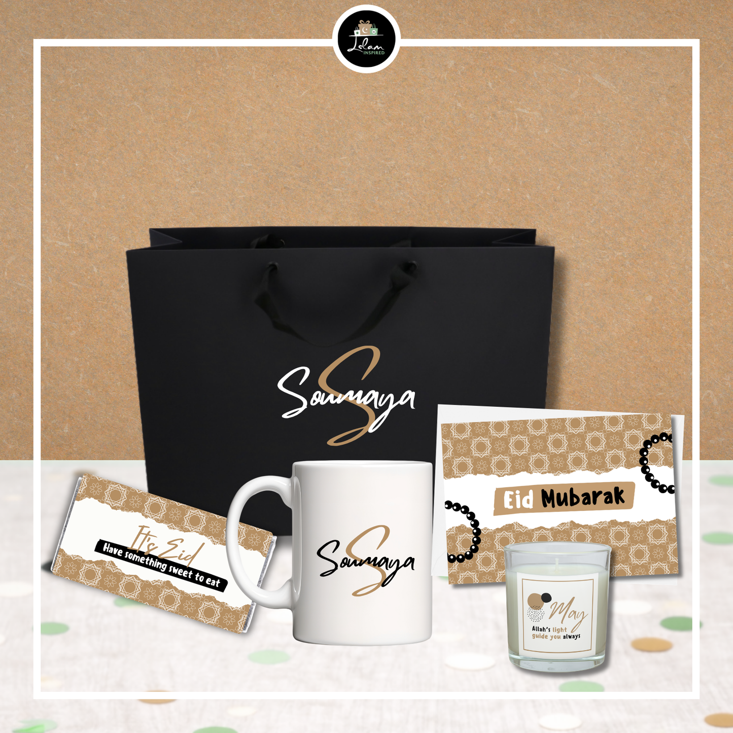 Eid Mubarak giftbag of giftbox met mok, chocolade, wenskaart en geurkaars