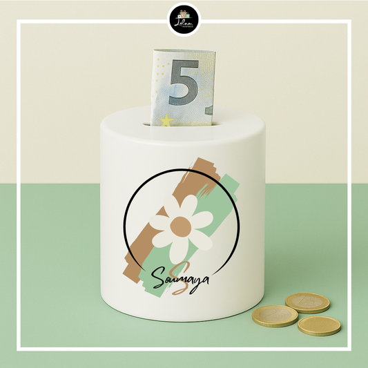 Gepersonaliseerde spaarpot in madeliefjes thema