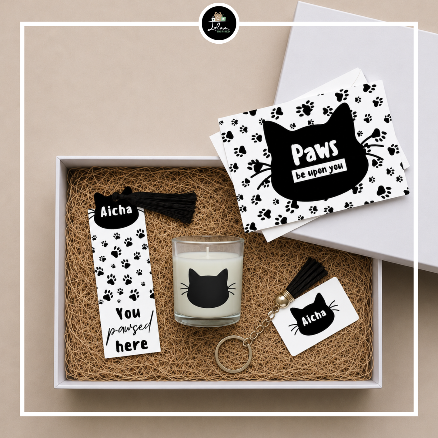 Gepersonaliseerde giftbox voor een kattenliefhebber 'Paws be upon you'
