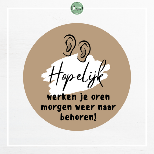 28 identieke stickers 'Hopelijk werken je oren morgen weer naar behoren'